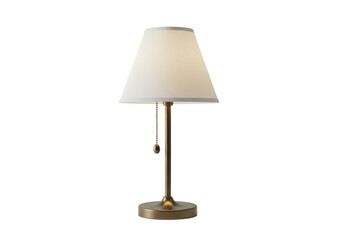 Isolated beige lamp shade on bronze table lamp with pull chain on seamless backdrop.