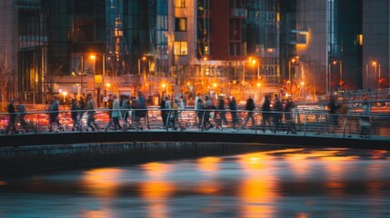 Obraz premium A bustling urban scene at night, with a pedestrian bridge spanning a waterway, shows a crowd of people walking across the bridge, lit by the warm glow of city lights reflecting on the water.
