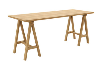Isolated modern trestle desk, natural wooden office furniture, minimalist workspace décor