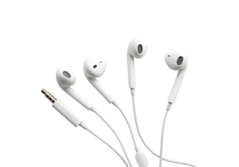 White Earbud Headphones: Wired Earphone Collection Isolated on Transparent Background