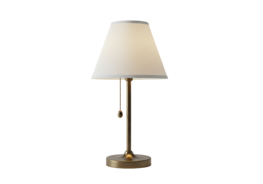 Isolated beige lamp shade on bronze table lamp with pull chain on seamless backdrop.