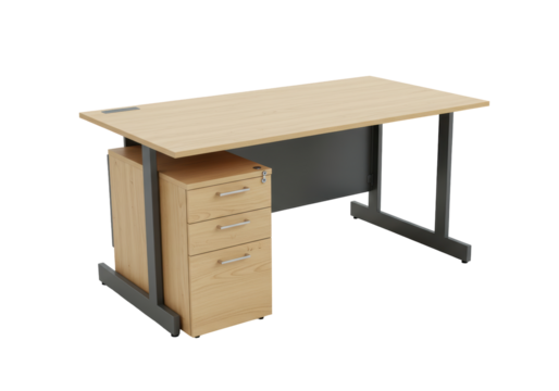 Isolated modern oak veneer desk with drawers and charcoal panel, office workstation
