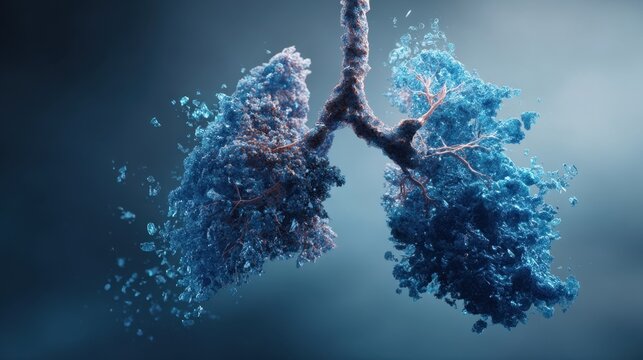 3D respiratory image showing emphysematous lung sections with alveolar rupture and shrinkage effect using a calming bluegray gradient for clinical presentation.