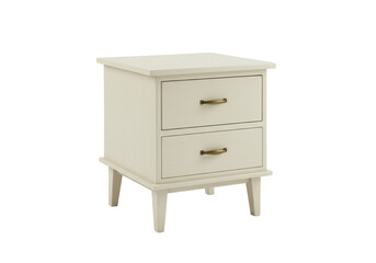 Isolated nightstand with two drawers featuring brass handles, bedroom furniture, white
