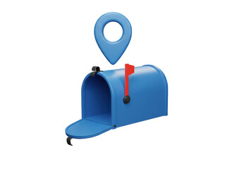 Isolated open blue mailbox with location pin, flag up, postal address concept