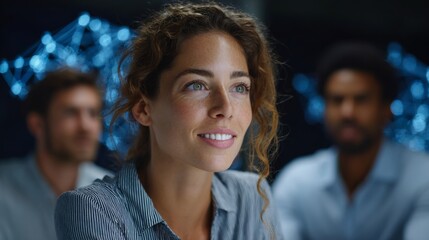 Fototapeta premium Innovation Vision: A captivating portrait of a visionary individual gazing into a future where data and technology merge, symbolizing inspiration and collaboration, and innovative mindset.