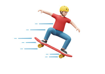 Obraz premium Isolated young male skater riding a red skateboard wearing a yellow helmet doing tricks