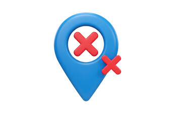Obraz premium Isolated 3D rendering of blue map pointer with red X symbol indicating incorrect location