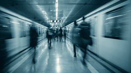 Fototapeta premium A bustling subway platform, filled with hurried commuters, as a train rapidly passes through the station.