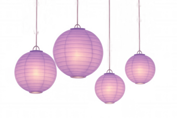 Four illuminated purple paper lanterns hanging against a transparent background, creating a festive atmosphere