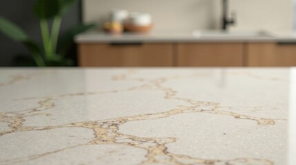 Close-up view of a pristine, light-colored countertop with subtle, elegant veining, subtly hinting at a modern kitchen setting in the blurred background
