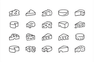 Dairy Food Icons Pack with Gourmet Cheese Vector Outlines