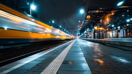 A yellow train streaks past a nighttime train station platform, illuminated by vibrant city lights.