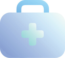 Vector art of a modern, minimalist illustration of a blue and purple gradient first aid kit with a glowing green cross on a, symbolizing medical care and emergency assistance