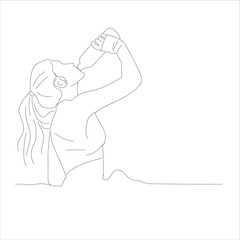 Hand drawn woman in one line style in sportswear drinks water. 
