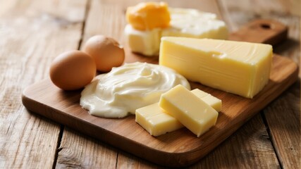 Fresh Dairy Products Arranged on Rustic Wooden Surface, Natural and Wholesome Food Photography