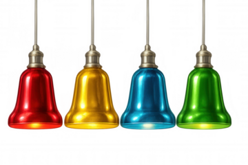 Colorful bell-shaped pendant lights glowing warmly, suspended against clean background, emanating decorative illumination