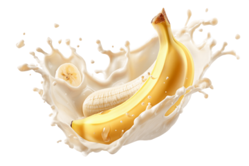Ripe Banana And Banana Slices Splashing In White Cream On Transparent Background, PNG