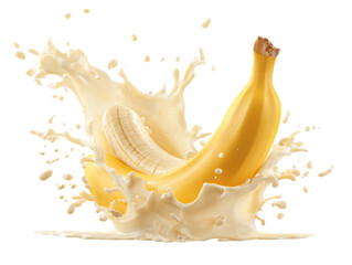 Ripe Banana and Peeled Banana Slice Splashing in White Liquid on Transparent Background, PNG