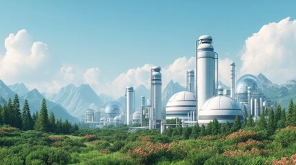 Innovative Carbon Capture Facility in a Lush Green Landscape with Mountain Backdrop