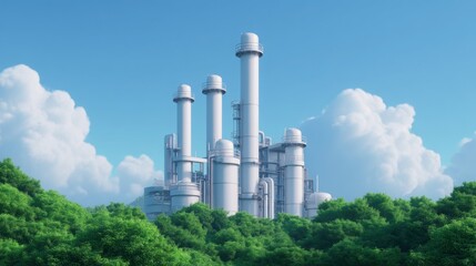 Eco-Friendly Industrial Plant Design with Futuristic Elements Surrounded by Lush Greenery