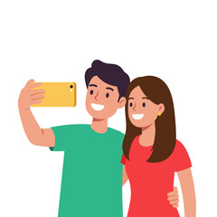 Fototapeta premium A happy young cartoon couple, a woman and a man, standing and holding hands with a smile