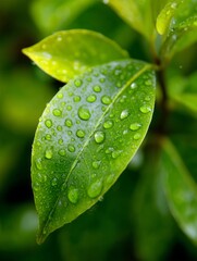 Close-up view of a vibrant green leaf, glistening with dew drops, showcasing nature's fresh and lush beauty.
