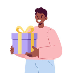 A happy man holds a ribboned gift box with joy