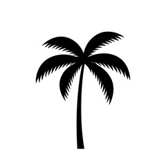 Obraz premium Vector graphic of a black palm tree silhouette. This isolated tropical plant icon is a classic symbol for summer, beach, and vacation travel