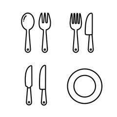 Black and White Utensils Set Spoon, Fork, Knife, Plate Icons for Dining and Culinary Themes
