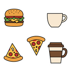 A colorful collection of fast food and hot beverage icons. Vector graphic illustration set with a hamburger, pizza slices, and coffee cups for menu or takeout design