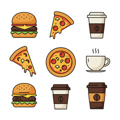 A collection of colorful flat line art icons representing popular fast food and drinks. Vector graphic set with burgers, pizza, and coffee isolated on a white background