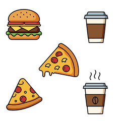 Collection of colorful cartoon fast food icons featuring a hamburger, pepperoni pizza slices, and steaming coffee cups. Vector illustration set