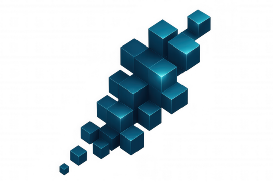 Shiny blue cubes aligning diagonally across transparent surface, representing digital technology and geometric precision