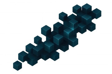 Interconnected dark teal cubes forming geometric network, floating on translucent backdrop with dynamic abstract composition