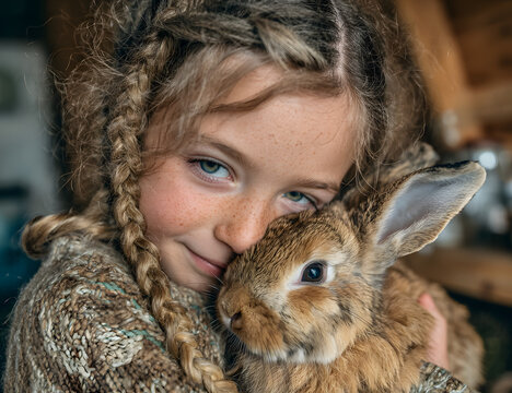 Girl, kid and hug rabbit in home for love and emotioal support, pet care and rlax at house. Female perso, stroke and embrace bunnyfor affection, comfortableand rub fur of domestic anmal