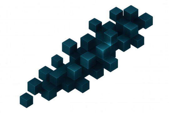 Interconnected dark teal cubes forming geometric network, floating on translucent backdrop with dynamic abstract composition