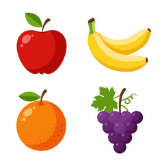 Colorful cartoon fruit icon collection with apple, banana, orange, and grapes. Fresh organic food vector illustration set isolated on white background
