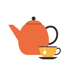 Simple flat vector illustration of a teapot and a cup of tea on a saucer, a minimalist icon for a hot beverage or breakfast
