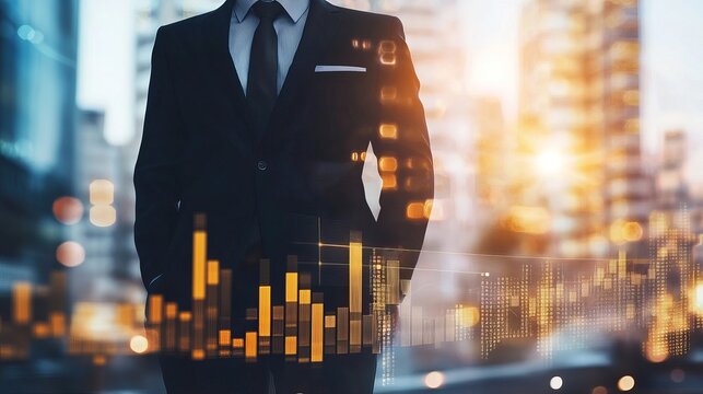 Businessman in suit, overlaid with financial charts, city background