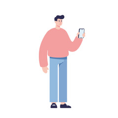 Young man in a pink sweater and blue jeans looking at his smartphone screen. Modern flat vector character illustration on a white background