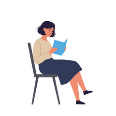 A relaxed young woman with short hair sitting comfortably on a chair while reading a book. Flat style vector character illustration isolated on white