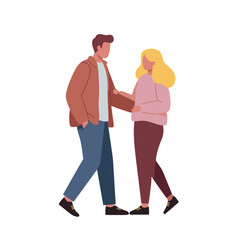 Vector illustration of a young couple in love, a man and woman hugging and talking, isolated on a white background. Flat modern character design