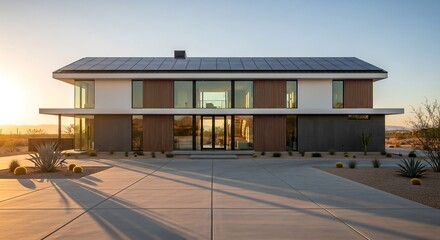 Minimalist two-story house with solar panels and desert landscaping, golden hour architecture photography for modern eco-living stock imagery