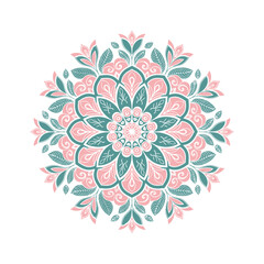 Elegant floral mandala with swirling petals and leaves in soft pink and teal. Symmetrical round ornament for meditation and spiritual concepts