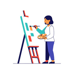 Fototapeta premium Creative female artist painting abstract colorful blocks on a canvas with an easel, holding a palette. Flat vector illustration of a hobby