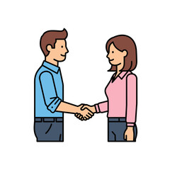 A businessman and businesswoman shaking hands for a professional agreement. Simple line art illustration of a successful business deal and partnership concept