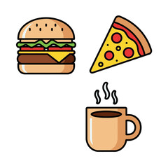 Vector icon set of fast food and drink items including a cheeseburger, a slice of pizza, and a steaming coffee mug on a white background