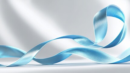 Smooth flowing metallic ribbon in light blue on a white glowing background