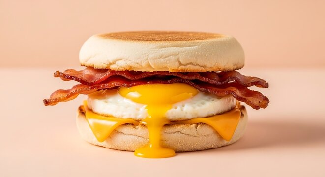 English muffin breakfast sandwich with egg, bacon, and melted cheese, pastel peach background, eye-level food photography for trendy cafe menus